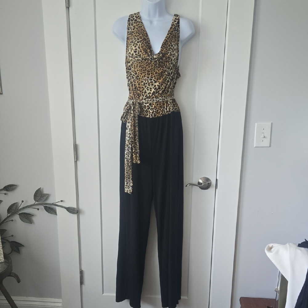 Tiana B. Brown and Black Jumpsuit with Leopard Print V-Neck